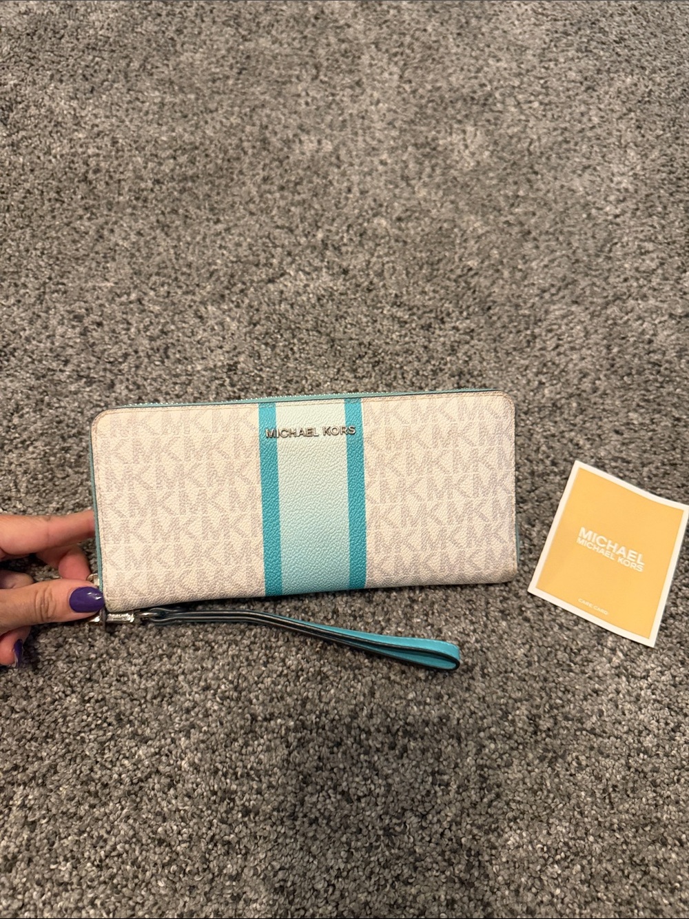 Michael Kors White & Teal Signature Stripe Wristlet